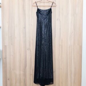 Y2K Blondie Nites Sequin Mesh Spaghetti Strap Maxi Dress Sz XS Black Party Glam